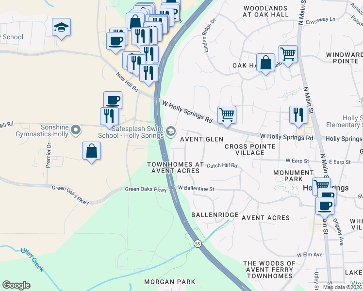 map of restaurants, bars, coffee shops, grocery stores, and more near 313 Saranac Ridge Drive in Holly Springs