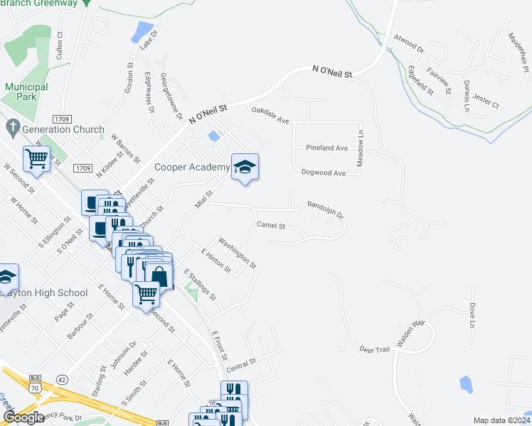 map of restaurants, bars, coffee shops, grocery stores, and more near 32 Randolph Drive in Clayton