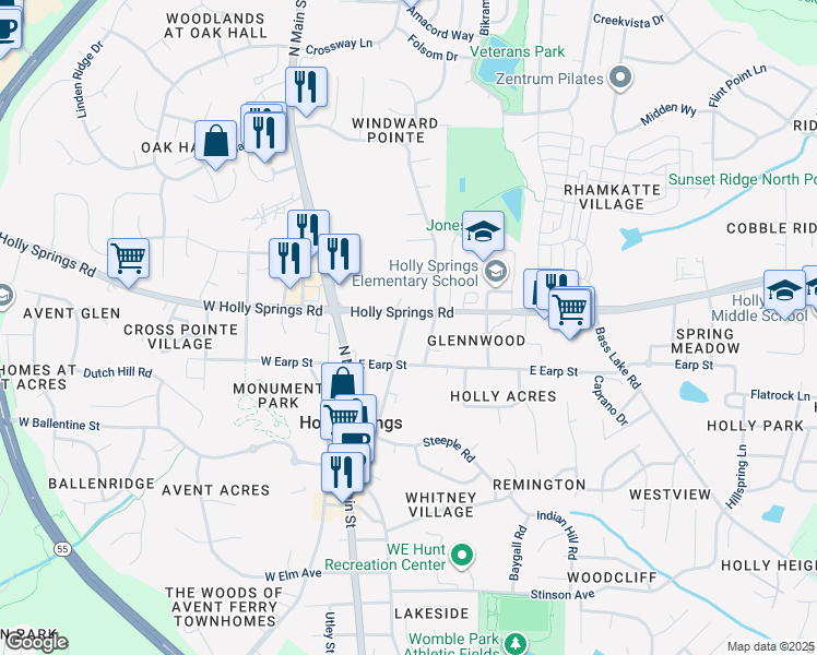 map of restaurants, bars, coffee shops, grocery stores, and more near 117 Raleigh Street in Holly Springs