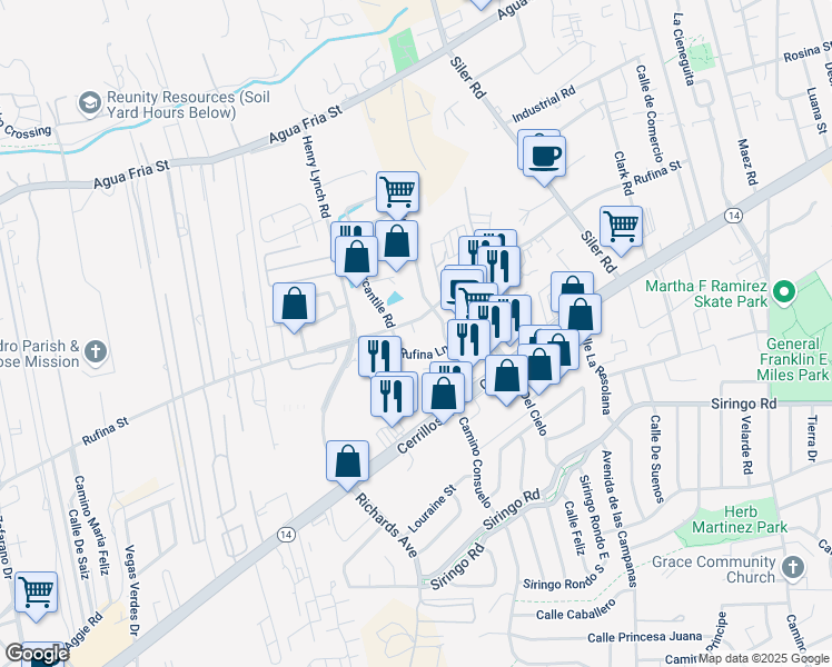 map of restaurants, bars, coffee shops, grocery stores, and more near 3201 Rufina Street in Santa Fe