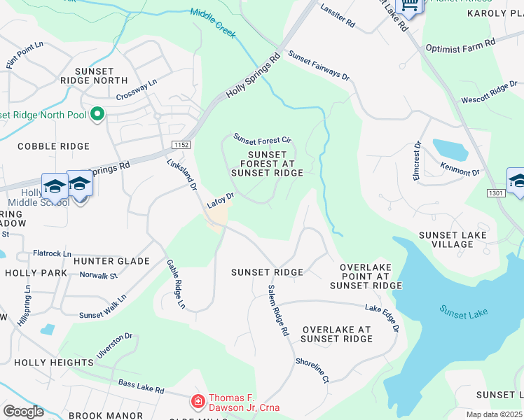 map of restaurants, bars, coffee shops, grocery stores, and more near 4812 Sunset Forest Circle in Holly Springs