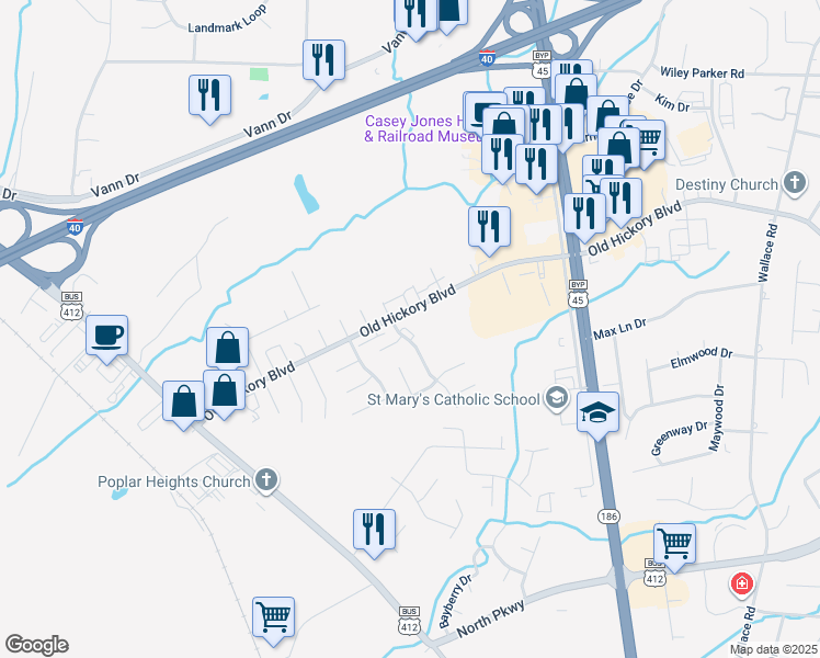 map of restaurants, bars, coffee shops, grocery stores, and more near 841 Old Hickory Boulevard in Jackson