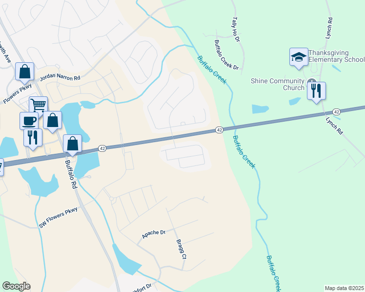 map of restaurants, bars, coffee shops, grocery stores, and more near 41 Sweet Olive Street in Clayton