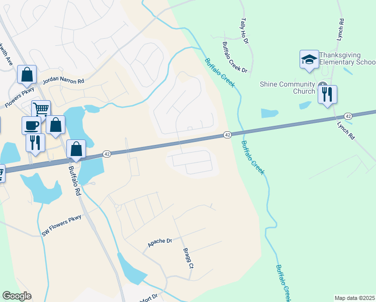 map of restaurants, bars, coffee shops, grocery stores, and more near 111 Sweet Olive Street in Clayton