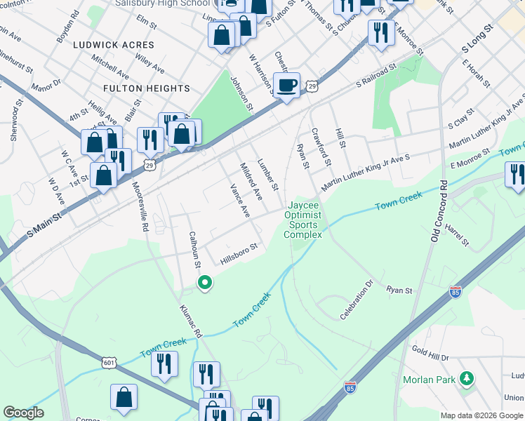 map of restaurants, bars, coffee shops, grocery stores, and more near 411 Mildred Avenue in Salisbury