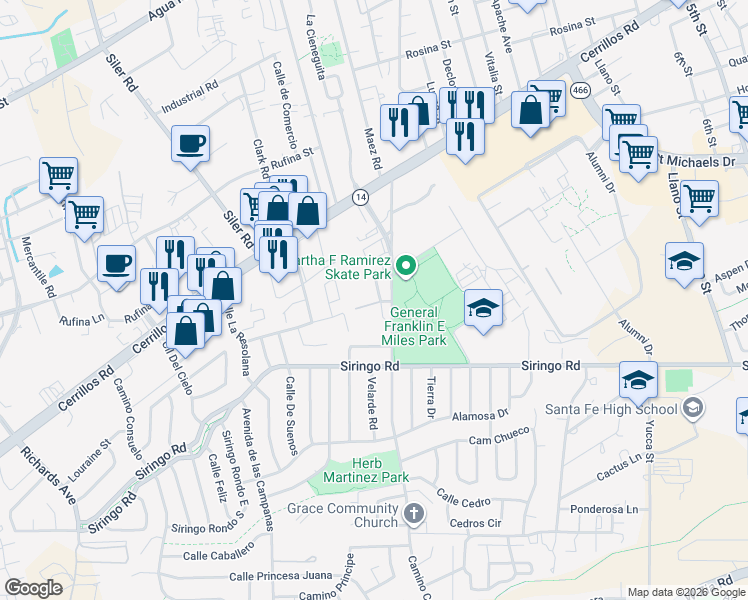 map of restaurants, bars, coffee shops, grocery stores, and more near 1645 Calle De Oriente Norte in Santa Fe