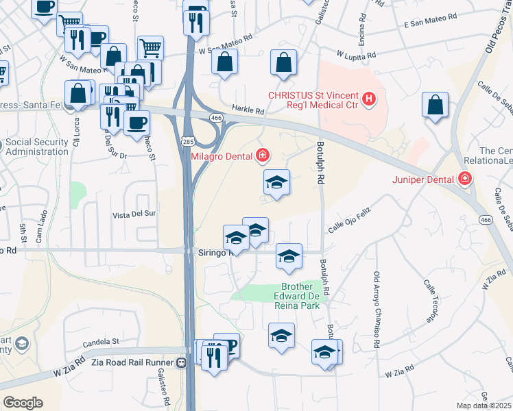 map of restaurants, bars, coffee shops, grocery stores, and more near 431 Brunn School Road in Santa Fe