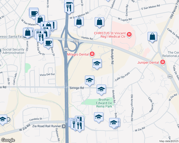 map of restaurants, bars, coffee shops, grocery stores, and more near 431 Brunn School Road in Santa Fe