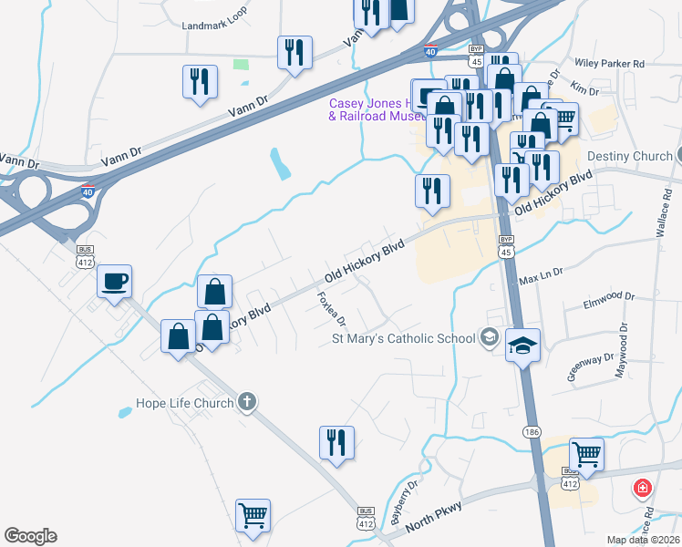 map of restaurants, bars, coffee shops, grocery stores, and more near 841 Old Hickory Boulevard in Jackson