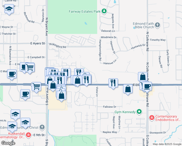 map of restaurants, bars, coffee shops, grocery stores, and more near 2133 East 2nd Street in Edmond