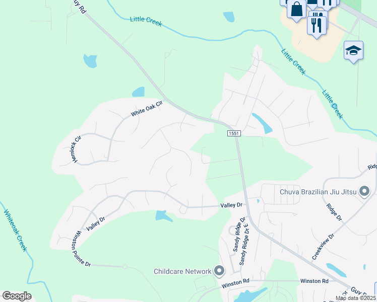 map of restaurants, bars, coffee shops, grocery stores, and more near 81 Kendall Drive in Clayton