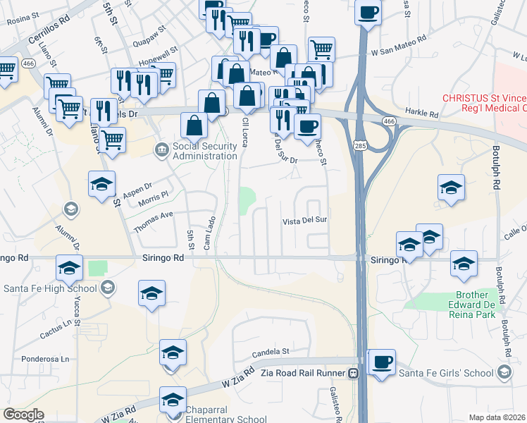 map of restaurants, bars, coffee shops, grocery stores, and more near 2062 Calle Ensenada in Santa Fe