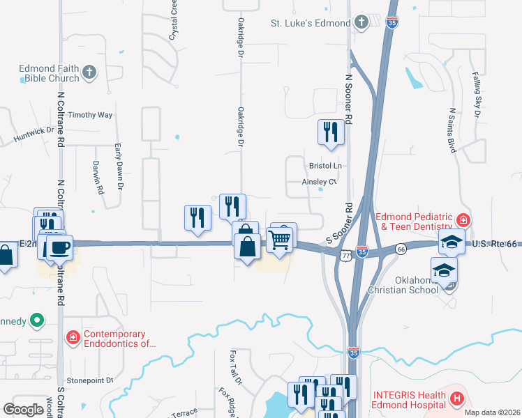 map of restaurants, bars, coffee shops, grocery stores, and more near 3808 Tambos Trail in Edmond