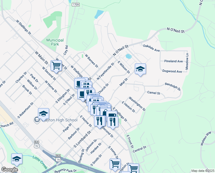 map of restaurants, bars, coffee shops, grocery stores, and more near 415 North Church Street in Clayton