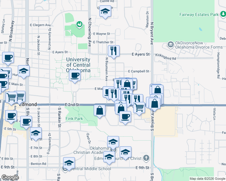 map of restaurants, bars, coffee shops, grocery stores, and more near 1105 East Main Street in Edmond