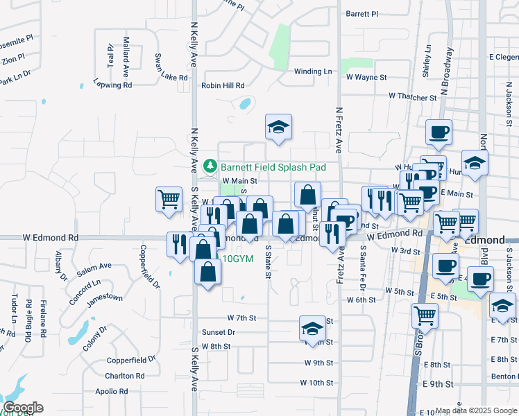 map of restaurants, bars, coffee shops, grocery stores, and more near 621 West 1st Street in Edmond