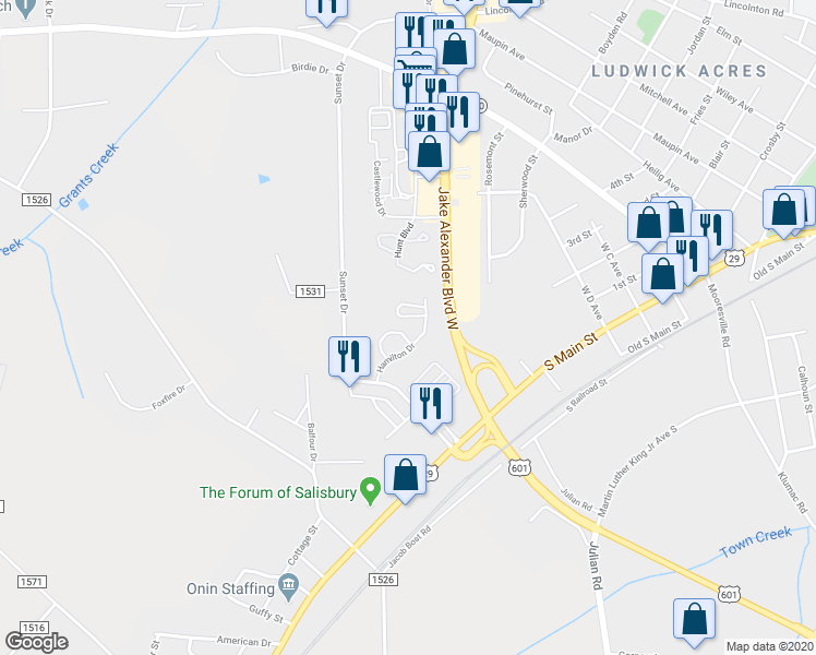 map of restaurants, bars, coffee shops, grocery stores, and more near 200 Hamilton Drive in Salisbury