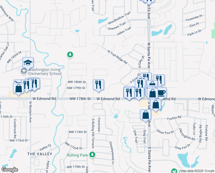 map of restaurants, bars, coffee shops, grocery stores, and more near 2701 Trail Creek Road in Edmond