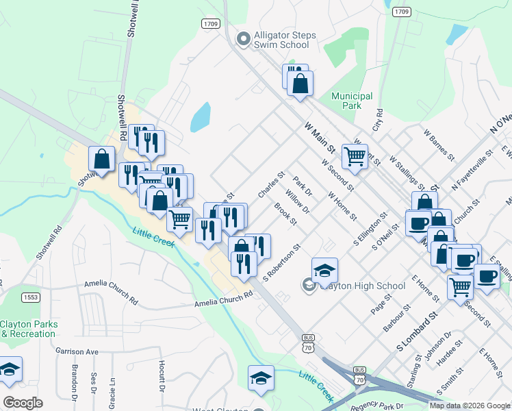 map of restaurants, bars, coffee shops, grocery stores, and more near 617-621 Charles Street in Clayton