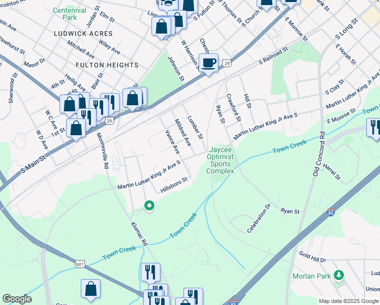 map of restaurants, bars, coffee shops, grocery stores, and more near 427 Mildred Avenue in Salisbury