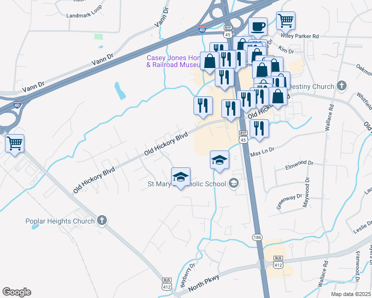 map of restaurants, bars, coffee shops, grocery stores, and more near 102 Old Hickory Boulevard in Jackson