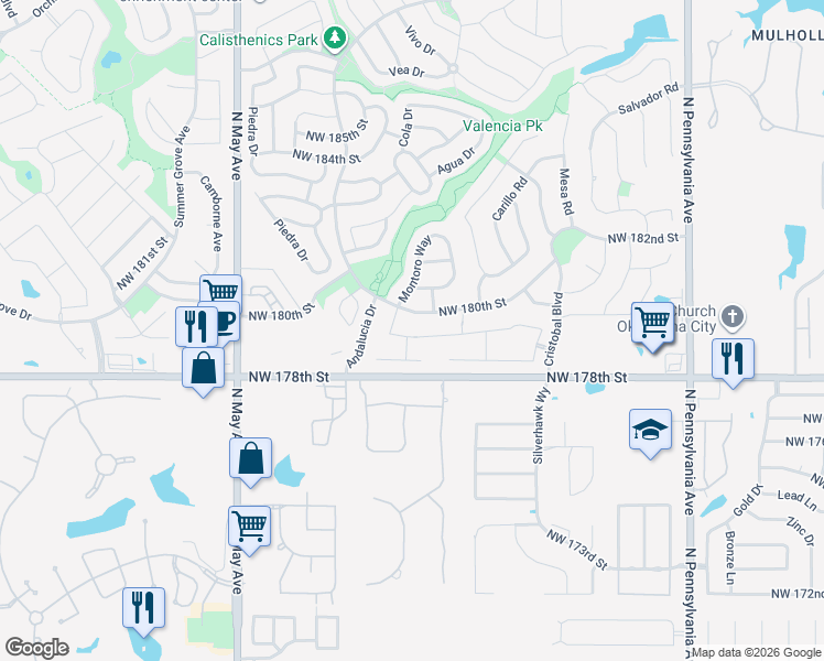 map of restaurants, bars, coffee shops, grocery stores, and more near 2309 Northwest 179th Street in Edmond