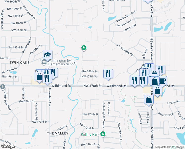 map of restaurants, bars, coffee shops, grocery stores, and more near 516 Northwest 180th Street in Edmond