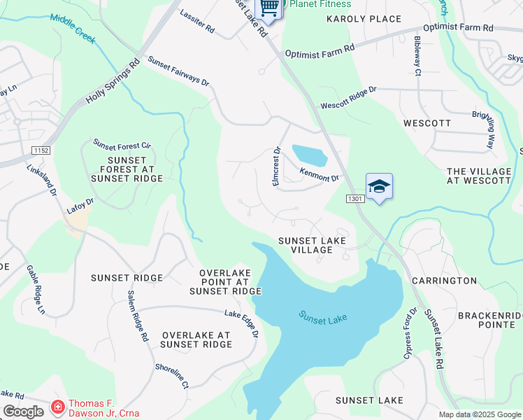 map of restaurants, bars, coffee shops, grocery stores, and more near 4445 Lake Flower Drive in Holly Springs