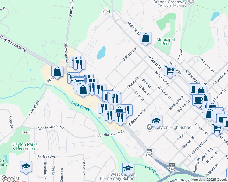 map of restaurants, bars, coffee shops, grocery stores, and more near 603 South Moore Street in Clayton