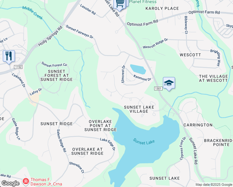 map of restaurants, bars, coffee shops, grocery stores, and more near 4445 Lake Flower Drive in Holly Springs