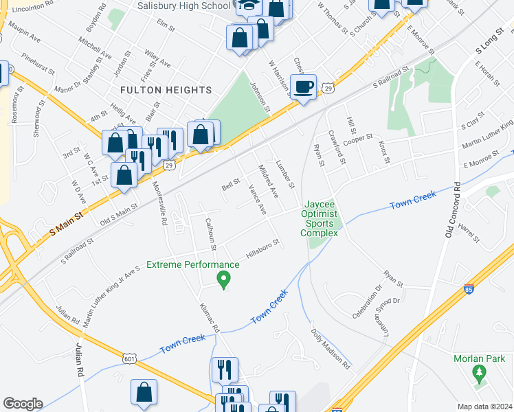 map of restaurants, bars, coffee shops, grocery stores, and more near 409 Vance Avenue in Salisbury