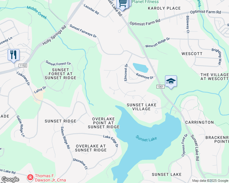 map of restaurants, bars, coffee shops, grocery stores, and more near 5504 Solomons Seal Court in Holly Springs