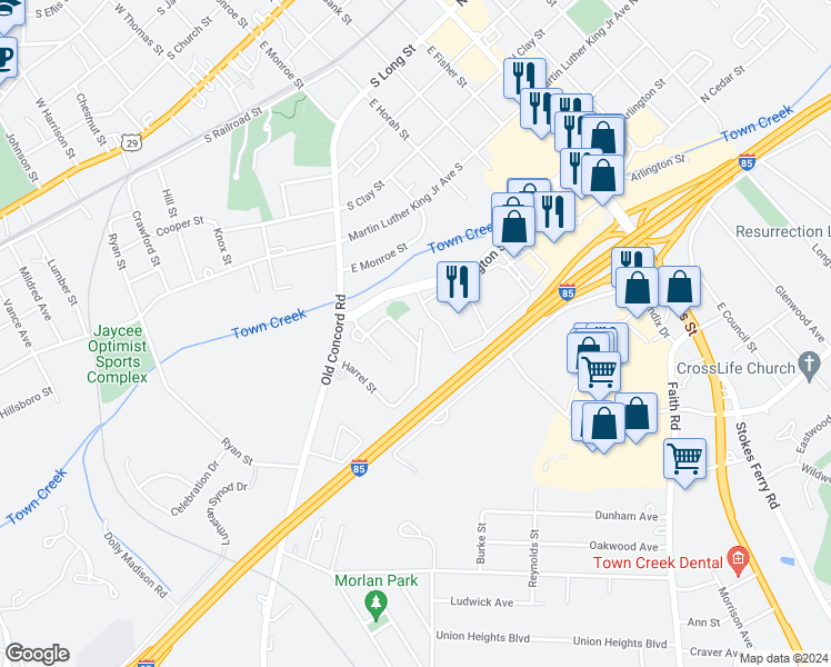 map of restaurants, bars, coffee shops, grocery stores, and more near 505 Harrel Street in Salisbury