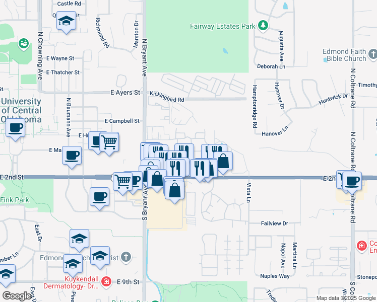 map of restaurants, bars, coffee shops, grocery stores, and more near 1730 Pebble Terrace in Edmond