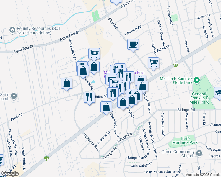 map of restaurants, bars, coffee shops, grocery stores, and more near 1352 Rufina Circle in Santa Fe