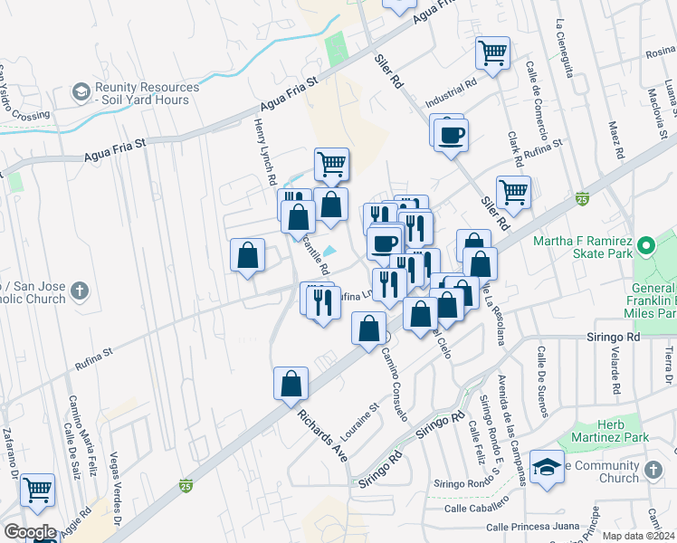 map of restaurants, bars, coffee shops, grocery stores, and more near 3201 Rufina Street in Santa Fe