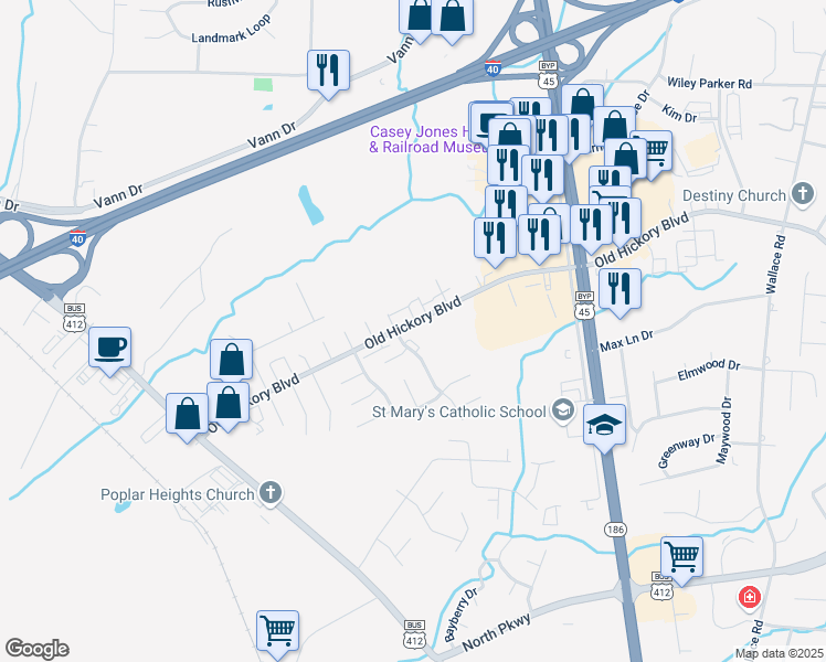 map of restaurants, bars, coffee shops, grocery stores, and more near 841 Old Hickory Boulevard in Jackson