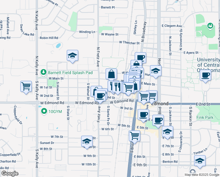 map of restaurants, bars, coffee shops, grocery stores, and more near 129 South Santa Fe Drive in Edmond