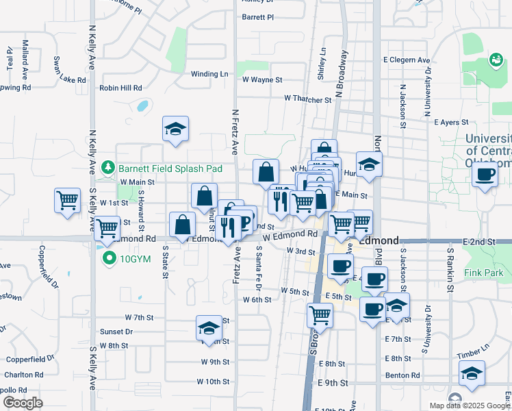map of restaurants, bars, coffee shops, grocery stores, and more near 223 West 1st Street in Edmond
