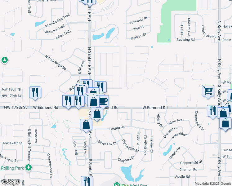 map of restaurants, bars, coffee shops, grocery stores, and more near 2004 West Rockypoint Drive in Edmond