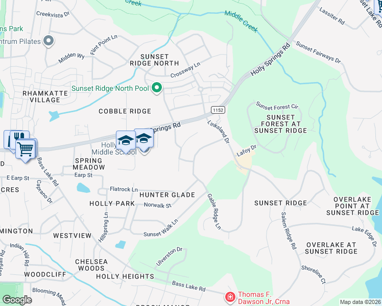 map of restaurants, bars, coffee shops, grocery stores, and more near 132 Gable Wood Lane in Holly Springs