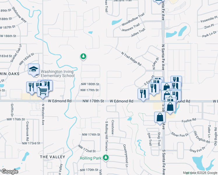 map of restaurants, bars, coffee shops, grocery stores, and more near 101 Lexington Way in Edmond