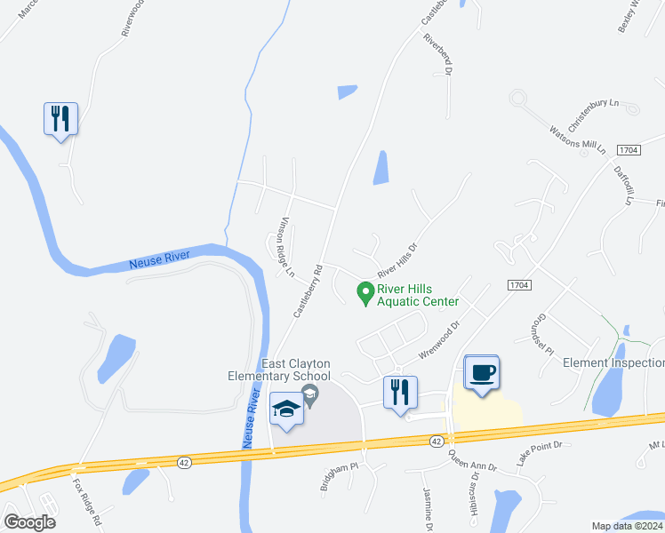 map of restaurants, bars, coffee shops, grocery stores, and more near 104 River Hills Drive in Clayton