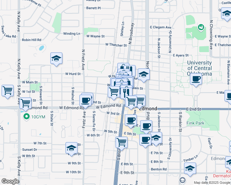 map of restaurants, bars, coffee shops, grocery stores, and more near 14 West Main Street in Edmond