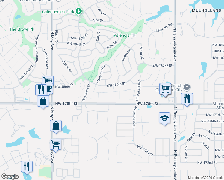 map of restaurants, bars, coffee shops, grocery stores, and more near 2500 Northwest 180th Street in Edmond