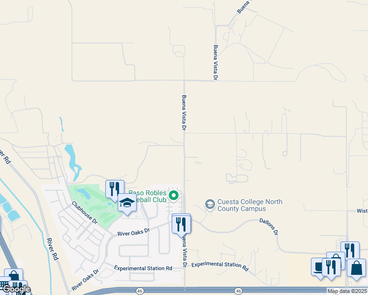 map of restaurants, bars, coffee shops, grocery stores, and more near 3725 Buena Vista Drive in Paso Robles