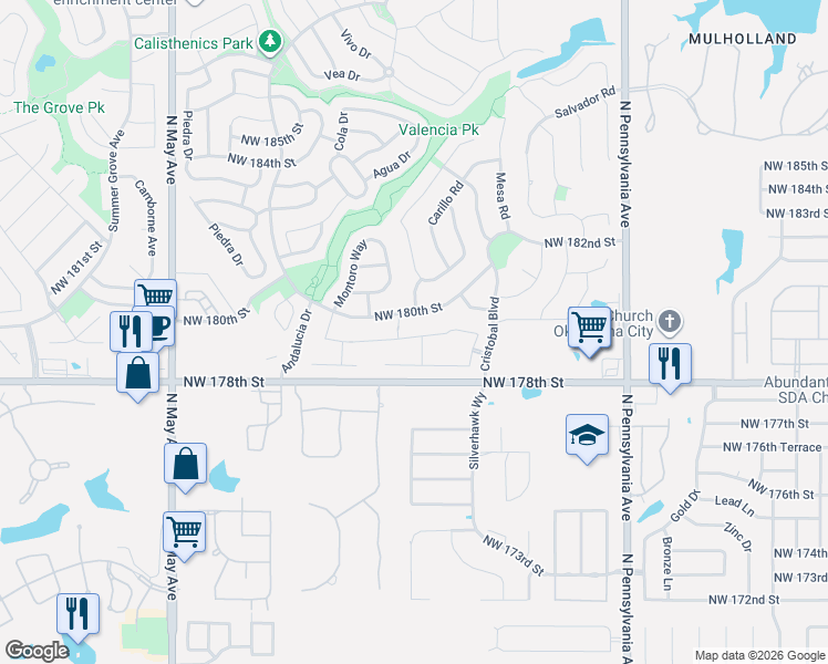 map of restaurants, bars, coffee shops, grocery stores, and more near 2500 Northwest 180th Street in Edmond