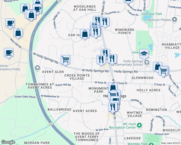 map of restaurants, bars, coffee shops, grocery stores, and more near 141 Blalock Street in Holly Springs