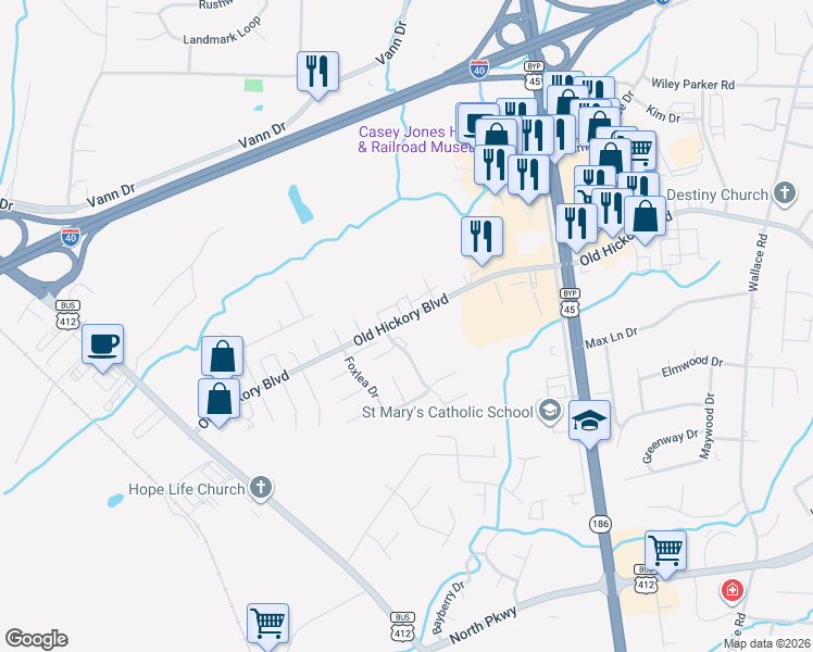 map of restaurants, bars, coffee shops, grocery stores, and more near 832 Old Hickory Boulevard in Jackson