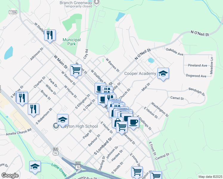 map of restaurants, bars, coffee shops, grocery stores, and more near 217 North O'Neil Street in Clayton